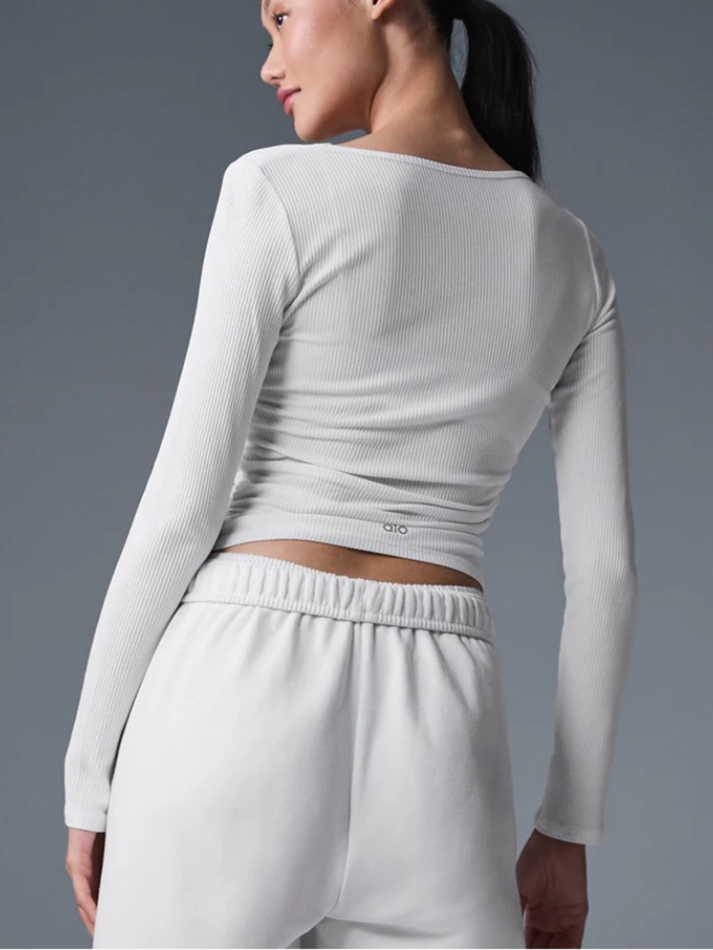 ALO Yoga Gather White Ribbed Long Sleeve Crew Top - Picture 3 of 11
